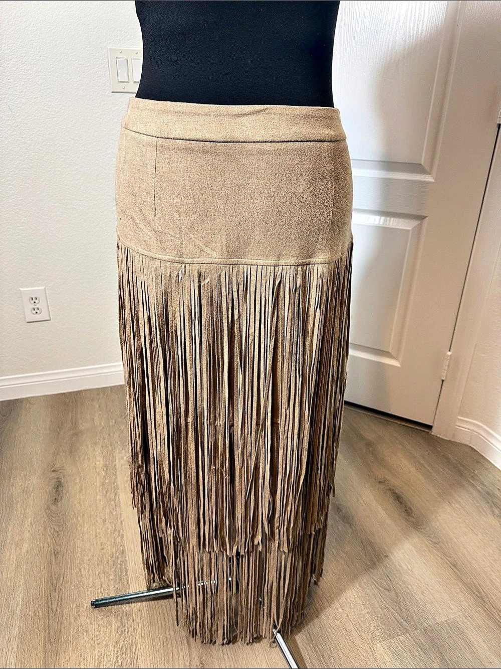 JOH Faux Suede Long Fringe Maxi Skirt in Tan Size Medium NWT